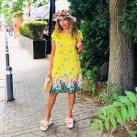 Жълта ленена рокля на цветя - 1