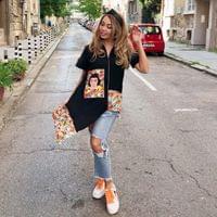 Асиметрична туника с къс ръкав и цип в жълт цвят с цветни... - 2