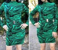 Къса кашмирена рокля с колан в бял и в зелен цвят на... - 3