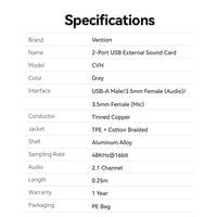 Vention външна звукова карта USB Sound card 2-Port 0.25M... - 9