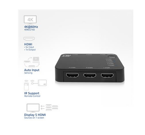 HDMI суич ACT AC7841, 5/1, 3D, 4K@60Hz, Черен - 2